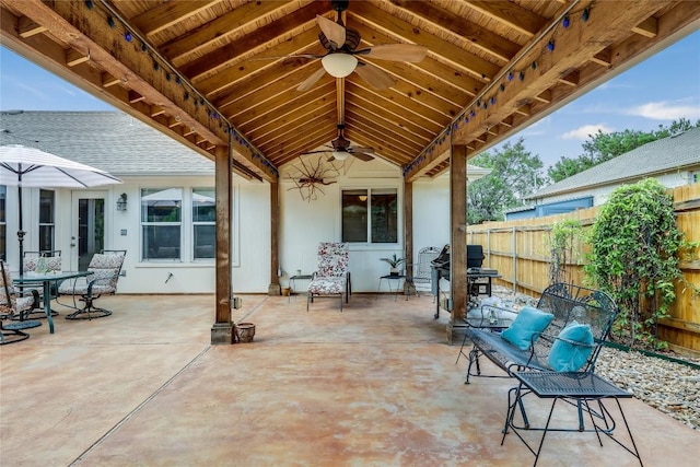 view of patio featuring ceiling fan, fence, and area for grilling