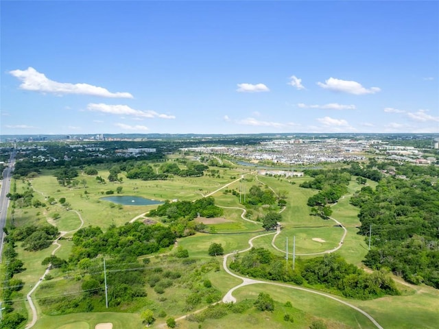 birds eye view of property featuring a water view and golf course view
