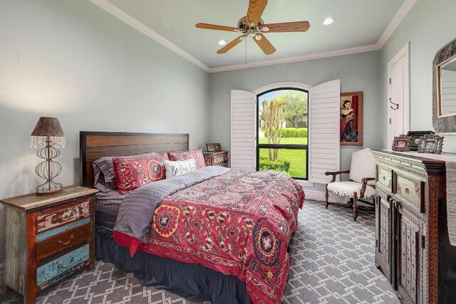 3705 Dogwood Creek Cv, Austin, TX 78746 - bedroom featuring carpet floors, crown molding, recessed lighting, and a ceiling fan