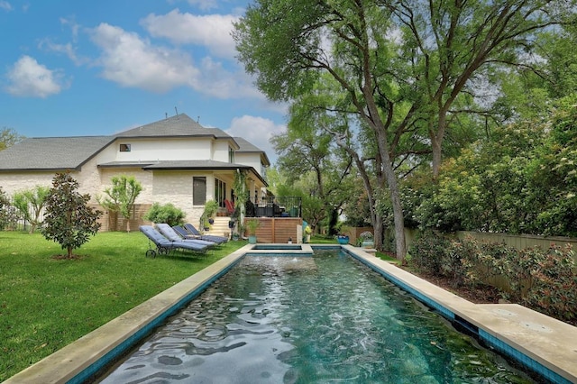 3705 Dogwood Creek Cv, Austin, TX 78746 - back of house featuring stucco siding, stairway, a fenced backyard, a fenced in pool, and a yard
