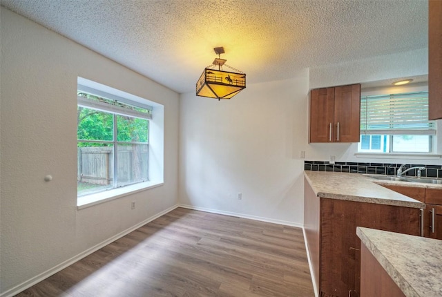 kitchen featuring brown cabinetry, a sink, a textured ceiling, and wood finished floors