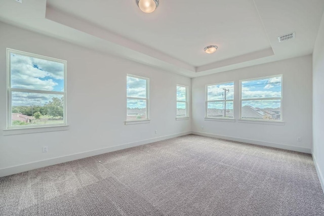 unfurnished room with visible vents, baseboards, a tray ceiling, and light colored carpet