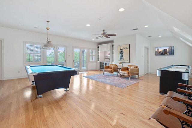 playroom with pool table, visible vents, french doors, and light wood finished floors