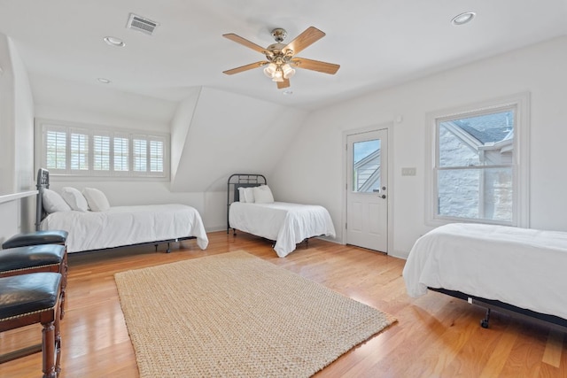 bedroom with visible vents, recessed lighting, a ceiling fan, and light wood-type flooring