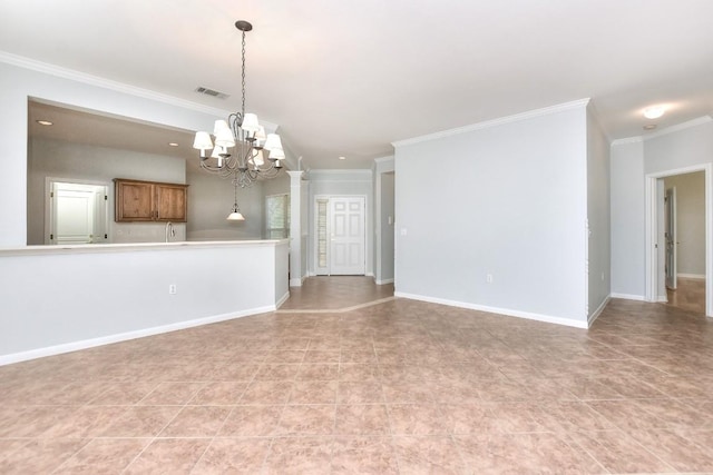 unfurnished living room with visible vents, light tile patterned floors, baseboards, a chandelier, and ornamental molding