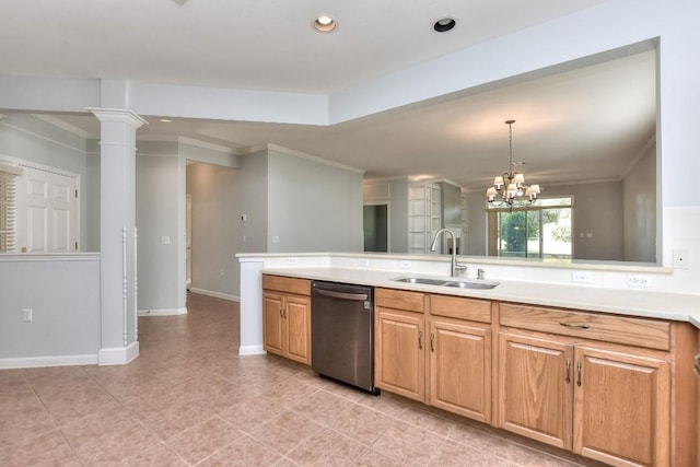 kitchen featuring stainless steel dishwasher, crown molding, a sink, and light countertops