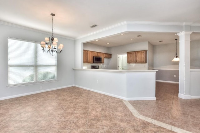 kitchen with visible vents, crown molding, brown cabinets, a chandelier, and light tile patterned flooring