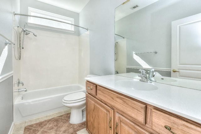 full bathroom featuring tile patterned flooring, visible vents, vanity, toilet, and shower / bathing tub combination