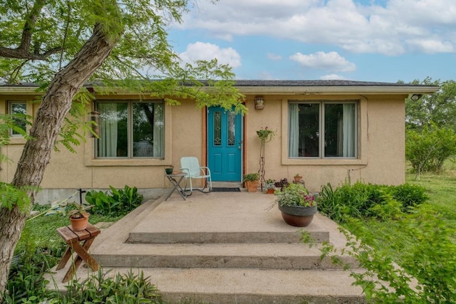 view of exterior entry with stucco siding
