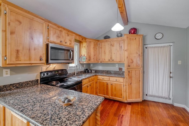 kitchen featuring a sink, wood-type flooring, black electric range, stainless steel microwave, and vaulted ceiling with beams