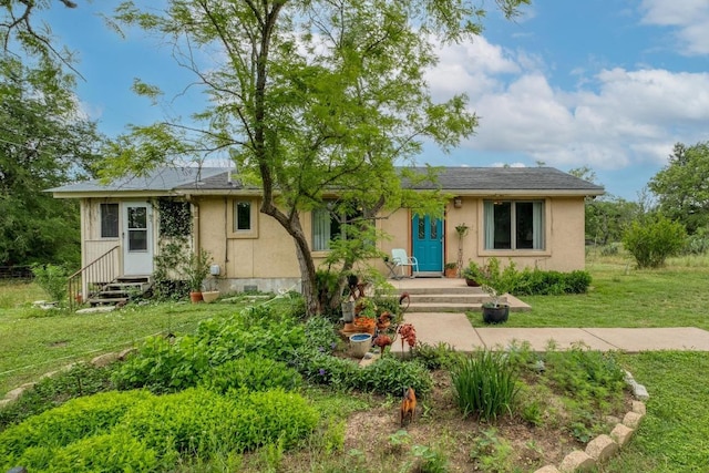 ranch-style house with a front yard, entry steps, and stucco siding