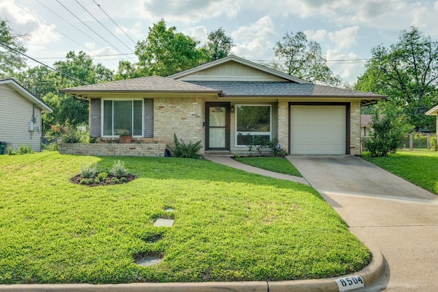8504 Burrell Dr, Austin, TX 78757 - ranch-style house with driveway, brick siding, a front yard, and a garage