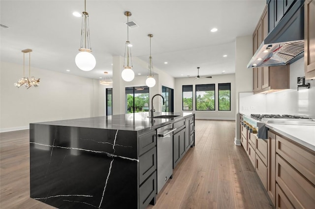 kitchen with a sink, light wood finished floors, stainless steel appliances, under cabinet range hood, and a spacious island