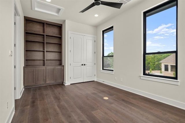 3202 Winding Creek Cv, Austin, TX 78735 - unfurnished bedroom with attic access, dark wood-style flooring, recessed lighting, and ceiling fan