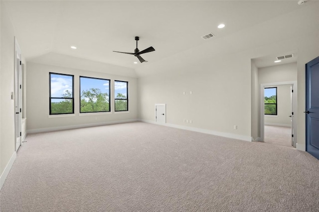 empty room with a ceiling fan, visible vents, baseboards, light carpet, and recessed lighting