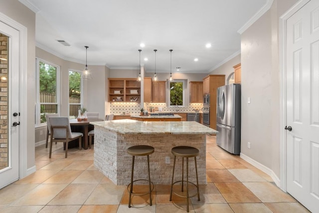 kitchen featuring visible vents, decorative backsplash, open shelves, a center island, and stainless steel appliances