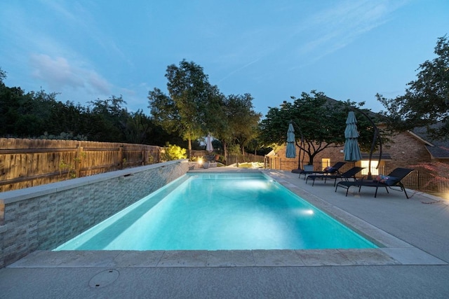 view of swimming pool with a fenced in pool, a patio, and a fenced backyard