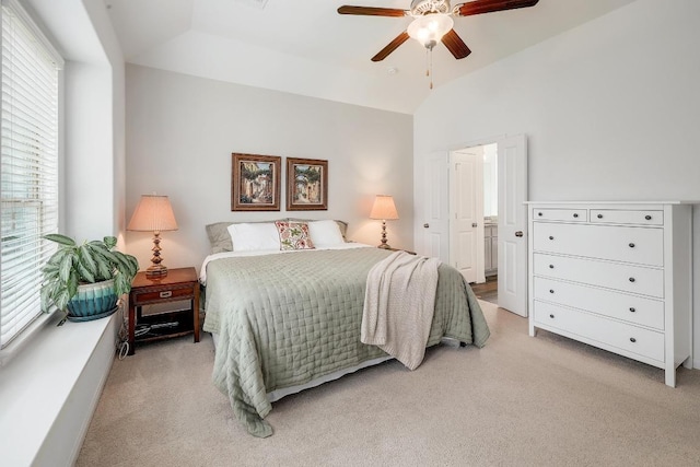 2229 Sauterne Dr, Leander, TX 78641 - bedroom featuring ceiling fan, lofted ceiling, and light carpet