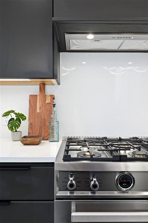 kitchen with stainless steel gas range, exhaust hood, and light countertops