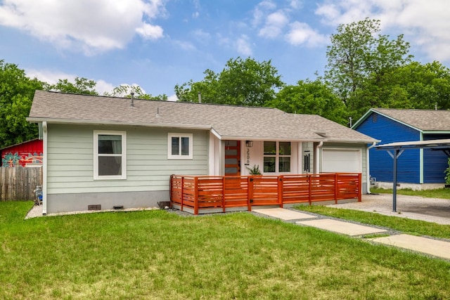 ranch-style house with covered porch, crawl space, a garage, fence, and a front lawn