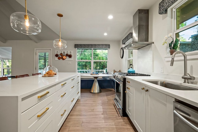kitchen featuring wall chimney range hood, appliances with stainless steel finishes, a wealth of natural light, and a sink