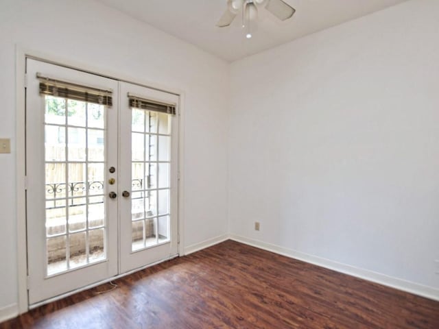 doorway to outside with baseboards, ceiling fan, french doors, and dark wood-style floors