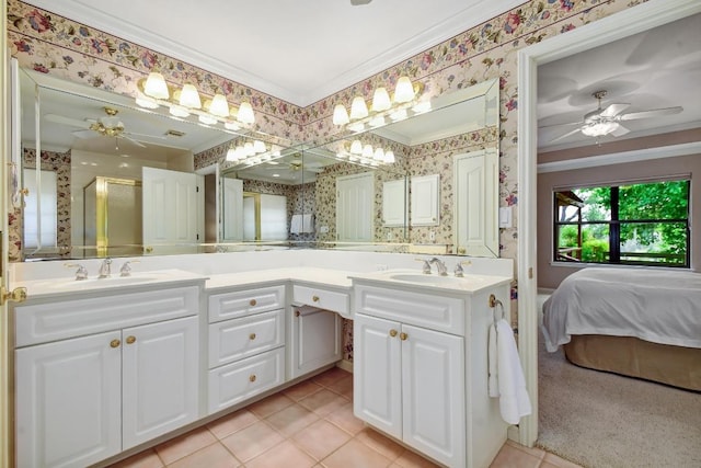 full bath featuring a sink, tile patterned flooring, a ceiling fan, and wallpapered walls