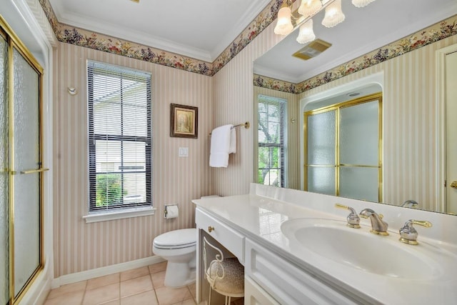 bathroom with ornamental molding, a shower with door, tile patterned floors, and wallpapered walls
