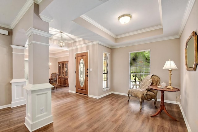 entrance foyer featuring baseboards, wood finished floors, and a raised ceiling