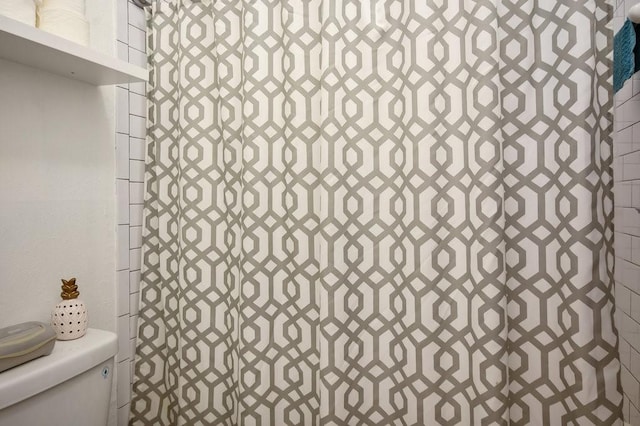 full bath featuring toilet and a shower with shower curtain