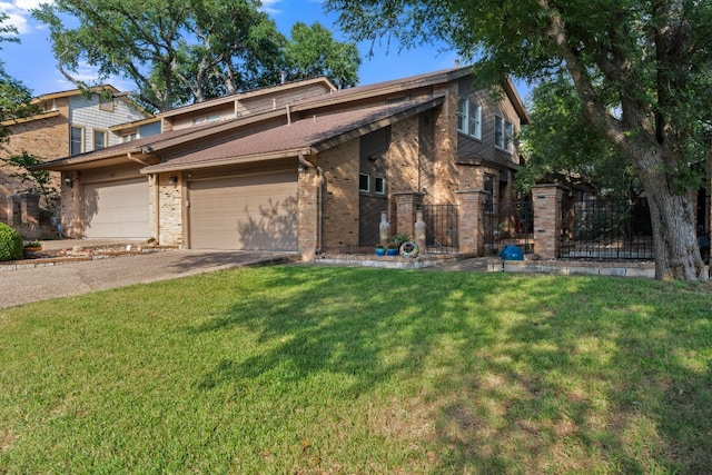 view of front of property with concrete driveway, brick siding, fence, and a front yard