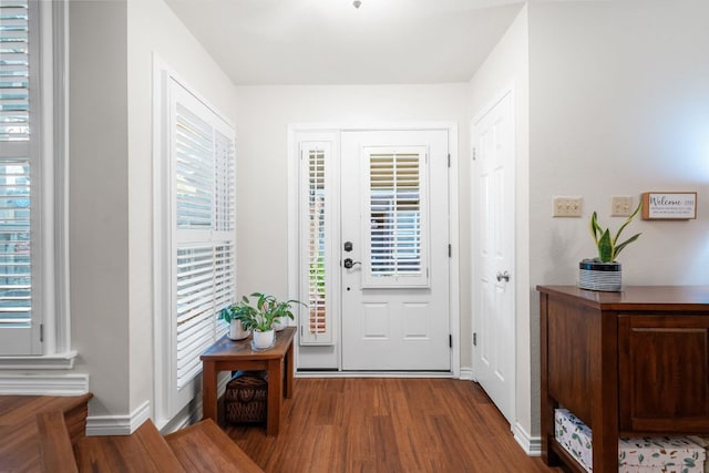 entryway with baseboards, plenty of natural light, and wood finished floors