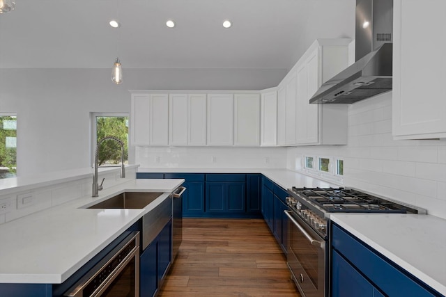 3503 Constitution Dr, Lago Vista, TX 78645 - kitchen with wall chimney range hood, stainless steel appliances, blue cabinetry, healthy amount of natural light, and recessed lighting