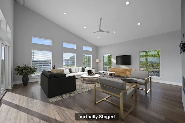 3503 Constitution Dr, Lago Vista, TX 78645 - living room with high vaulted ceiling, healthy amount of natural light, a ceiling fan, recessed lighting, and wood finished floors