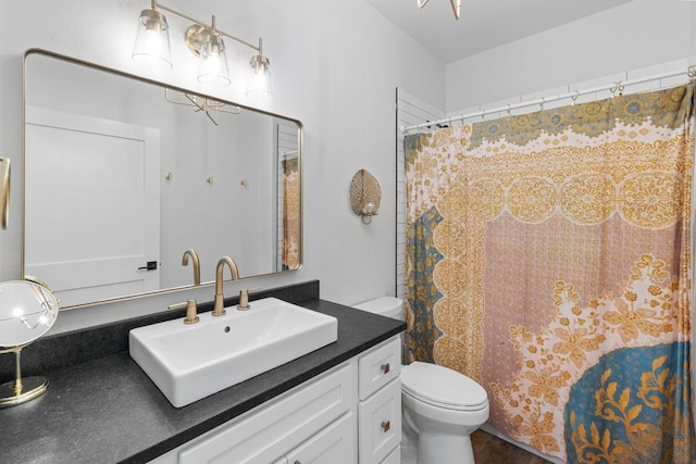 full bath featuring vanity, a shower with curtain, and toilet