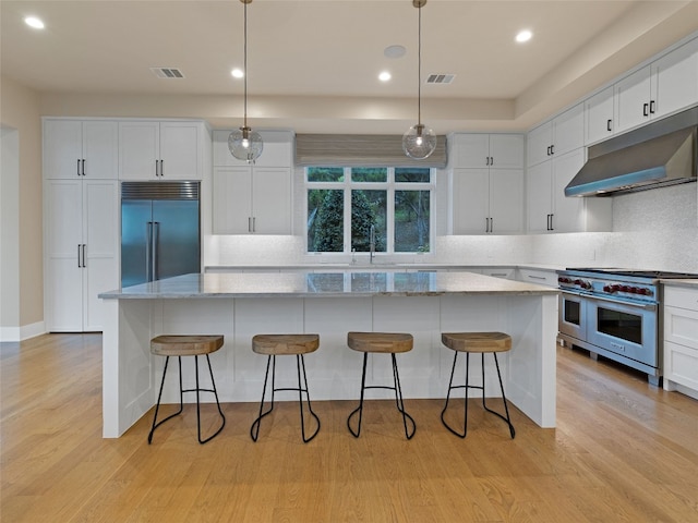4701 Peralta Ln, Austin, TX 78735 - kitchen featuring high quality appliances, under cabinet range hood, white cabinetry, light wood-style floors, and tasteful backsplash