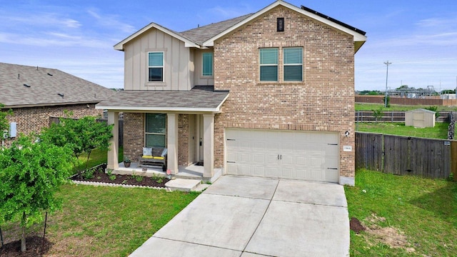 13601 Primrose Petal Dr, Manor, TX 78653 - traditional-style home with board and batten siding, an attached garage, brick siding, concrete driveway, and a porch
