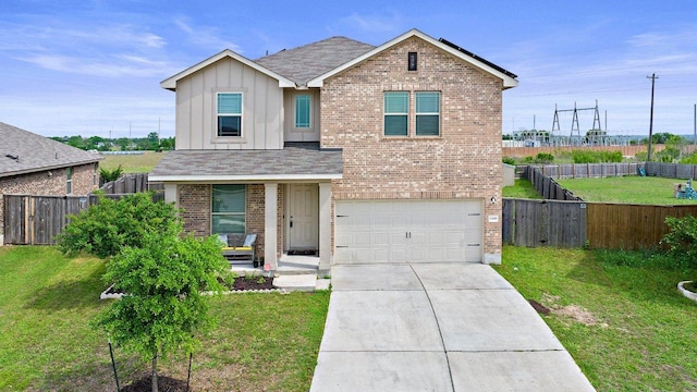 13601 Primrose Petal Dr, Manor, TX 78653 - traditional-style house with brick siding, board and batten siding, a garage, concrete driveway, and a shingled roof