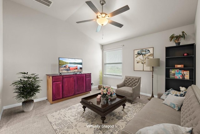 13601 Primrose Petal Dr, Manor, TX 78653 - living area featuring carpet, a ceiling fan, baseboards, and lofted ceiling