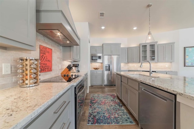 2228 Williams Lakeshore Dr, Kingsland, TX 78639 - kitchen with a sink, gray cabinets, custom exhaust hood, and stainless steel appliances