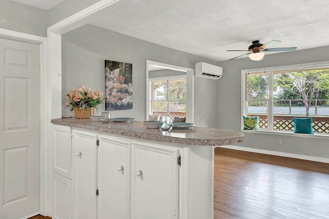 kitchen featuring an AC wall unit, a peninsula, a healthy amount of sunlight, and ceiling fan