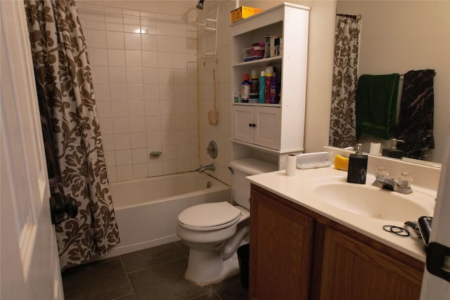 full bath with toilet, shower / bath combo, tile patterned flooring, and vanity
