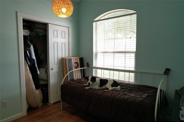 bedroom with wood finished floors and a closet