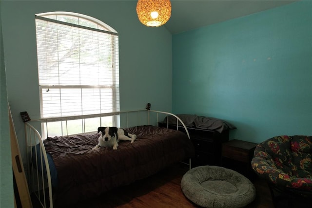 bedroom featuring wood finished floors and lofted ceiling