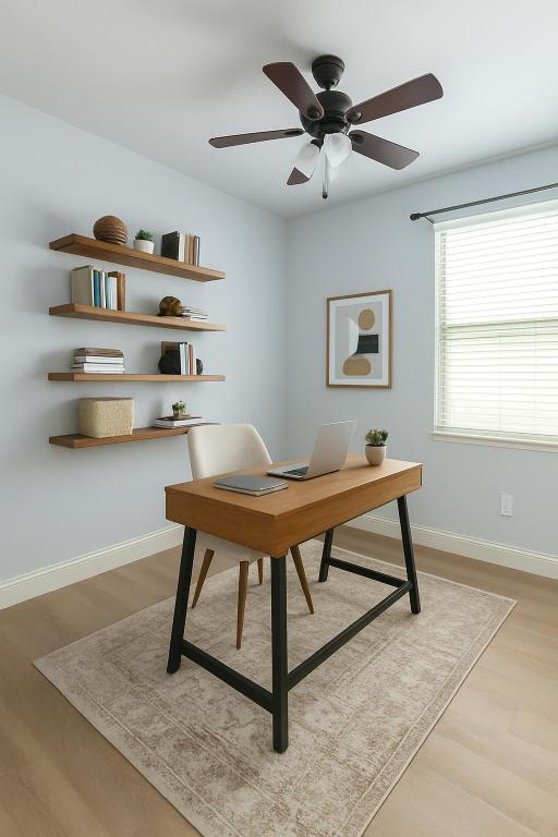 office space with ceiling fan, baseboards, and light wood finished floors