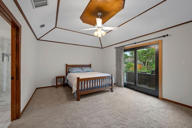 bedroom with baseboards, access to outside, carpet flooring, and visible vents
