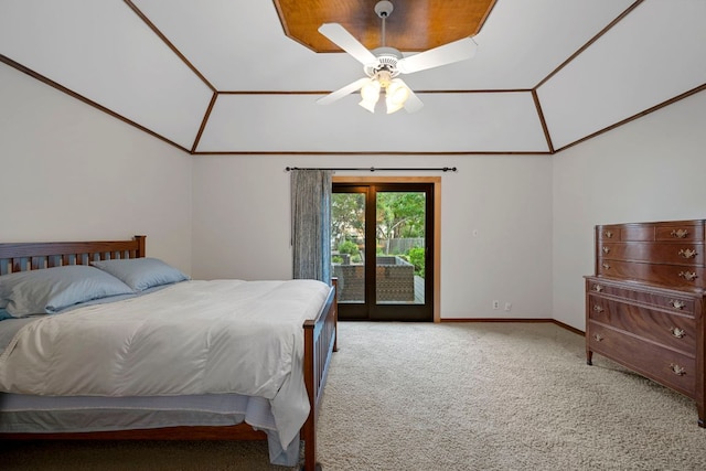 bedroom featuring access to exterior, baseboards, a ceiling fan, carpet, and vaulted ceiling