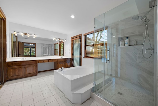 full bath featuring a bath, tile patterned flooring, a stall shower, vanity, and recessed lighting
