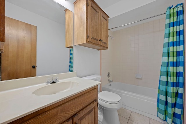 bathroom with vanity, shower / bathtub combination with curtain, tile patterned floors, and toilet