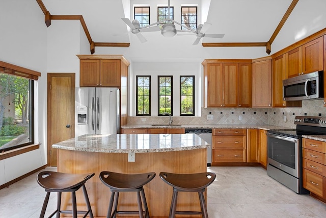 kitchen featuring stainless steel appliances, high vaulted ceiling, a ceiling fan, and a sink
